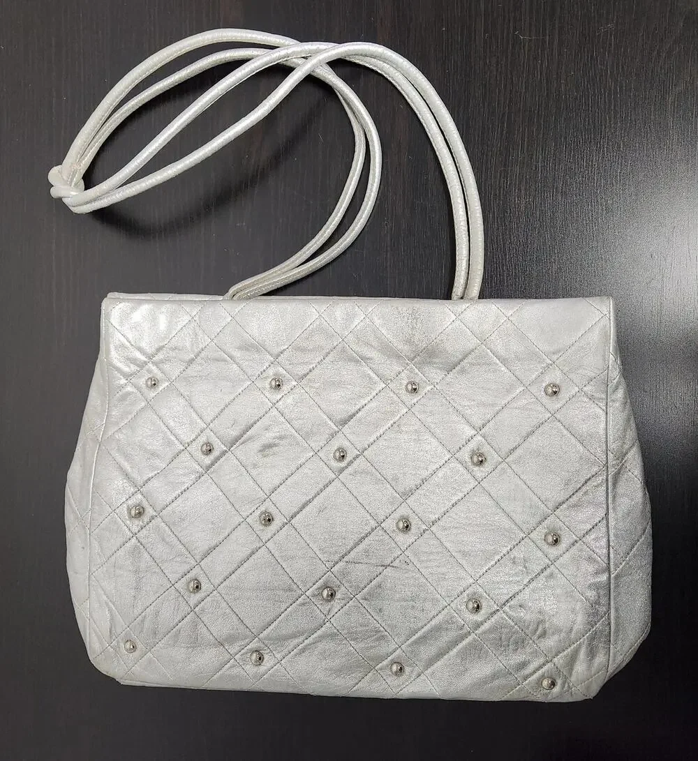 Vintage BADER Metallic Silver w Metal Studs Handbag Made in France